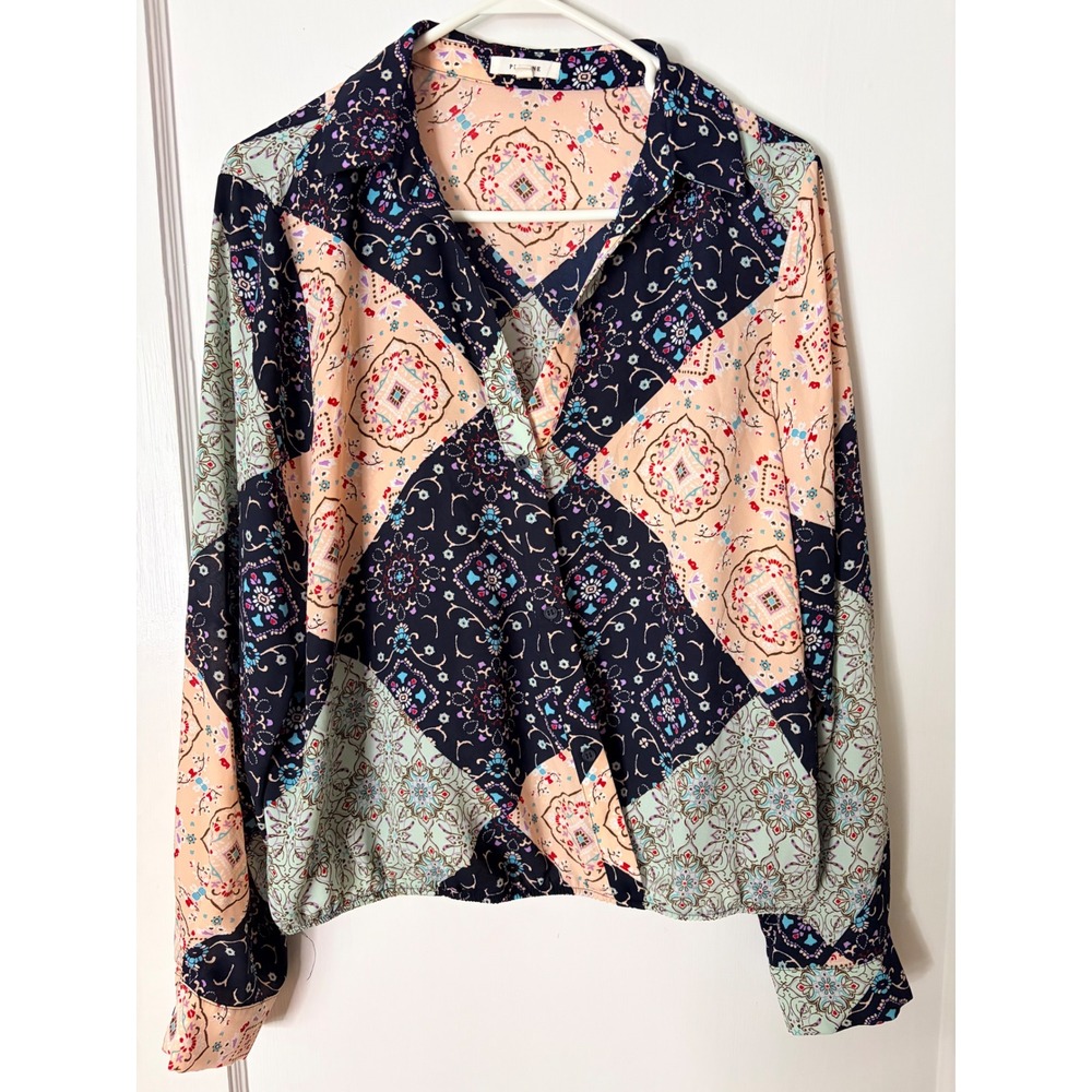 Pleione Womens XL Patchwork Medallion Print Surplice Wrap Blouse LongSleeve Navy - Picture 1 of 5